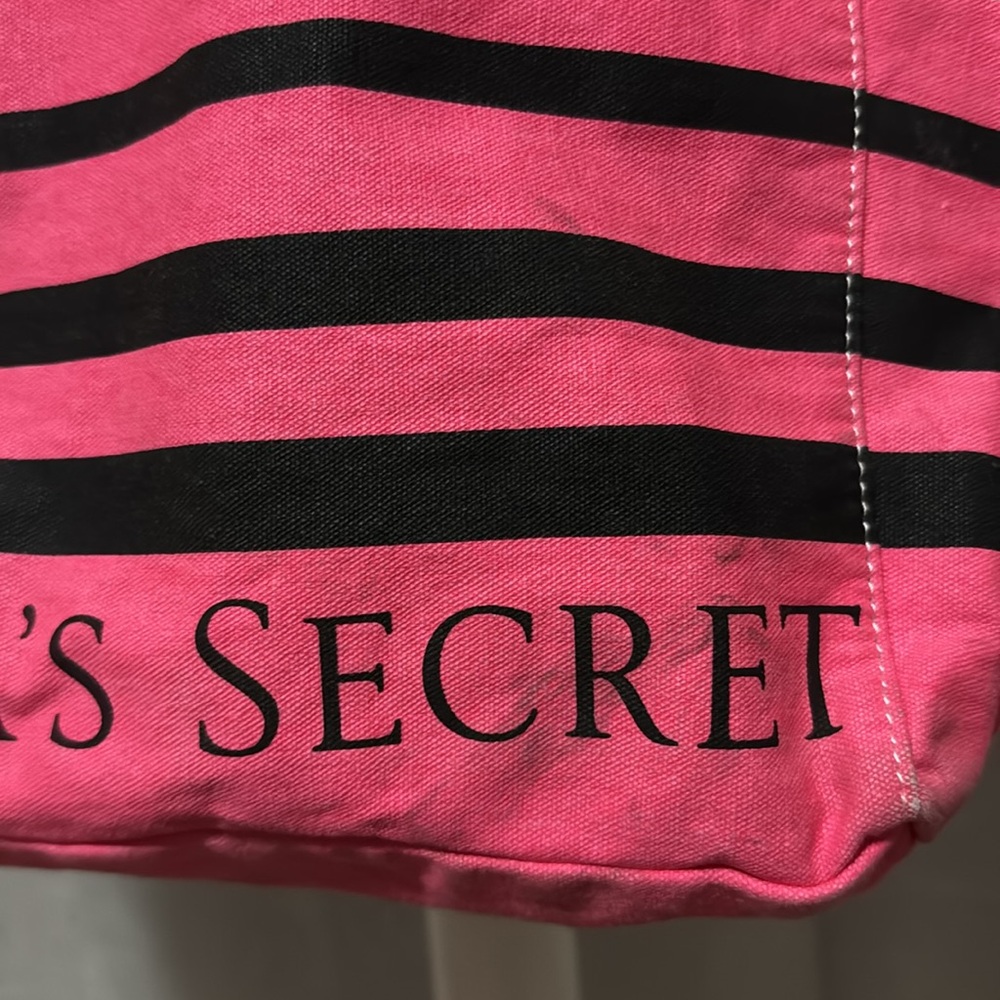 Victoria’s Secret Tote-Striped Pink White Black Peach-Open Top-“Rope” Handles - Picture 4 of 16